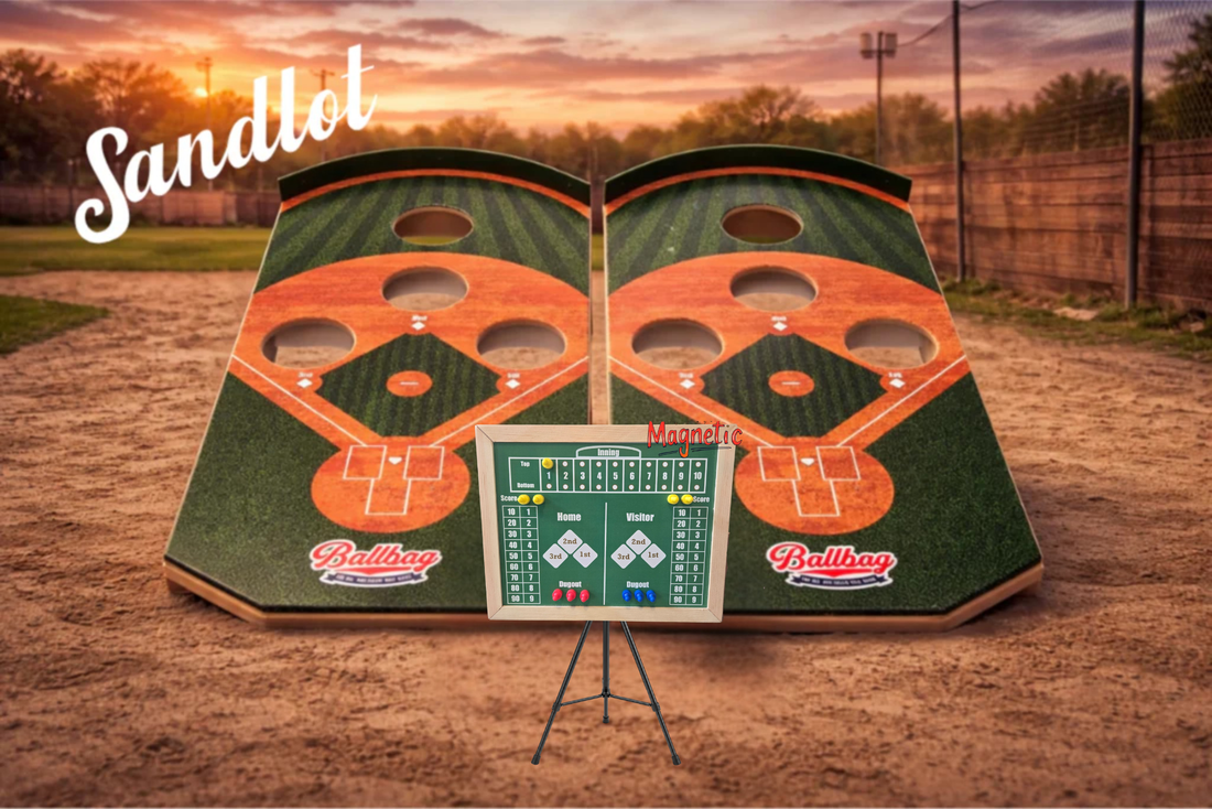 Ballbag Toss baseball-themed game board set up for backyard practice
